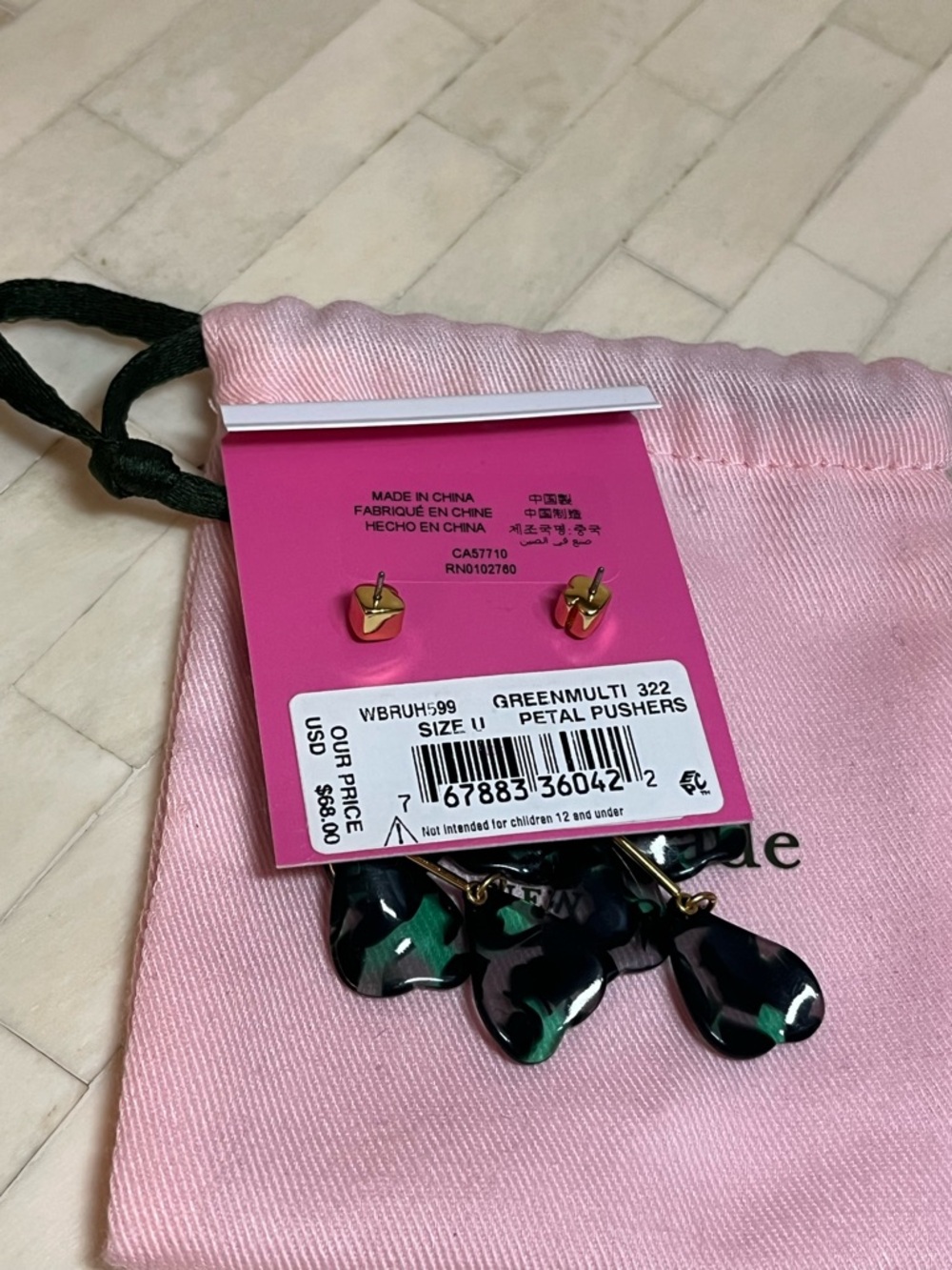Kate Spade Green Petal Pushers Linear Earrings, with Blue Cubic Zirconia Stone - Picture 3 of 6